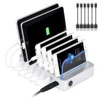 PRITEK USB Ladestation, Smart Ladestation Dock & Organizer für Smartphones, Tablets und andere Geräte 6 Port Multi USB Ladestation und Telefon Dockingstation mit Ladezustandsanzeige (Silber + Kabel)